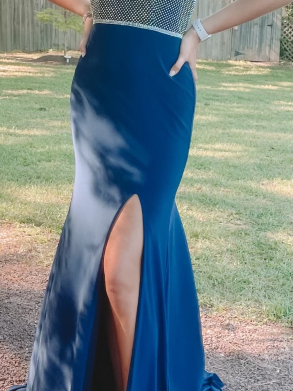 Elegant Navy Beaded Spaghetti Strap Evening Dress - Picture 4 of 5